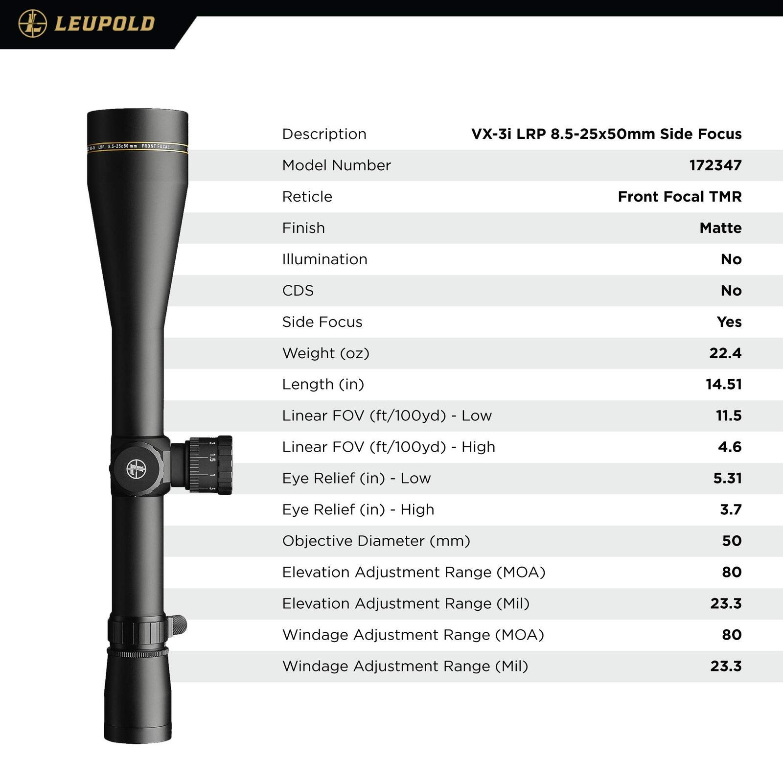 Leupold Vx-3I Lrp 8.5-25X50 30Mm Sf Ffp Tmr Riflescope 172347