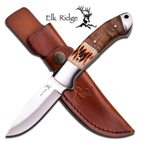 Elk Ridge Drop Point Fixed Blade Knife - 8.25 Inches Full Tang Burl Wood Handle #er-533