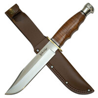 Elk Ridge Fixed Blade Knife Leather Handle - 292mm Approx Overall Length #Er-200-32lbr