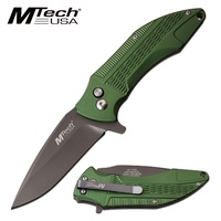 Mtech Drop Point Fine Edge Blade Folding Knife - Tinite Coated Green Aluminum Handle #mt-1034Gn