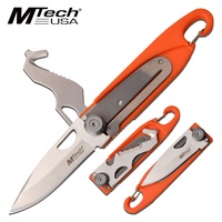 Mtech Drop Point Multi Tool Fine Edge Blade Folding Knife - Includes Carabiner #mt-1102or