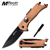 Mtech 8 Inch Drop Point Survival Folding Knife W Led Light - Pakkawood Handle #mt-1082n