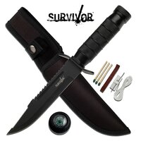Survivor 9.5 Inch Fixed Blade Knife W Survival Kit - Black #hk-695b