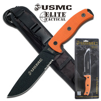 Usmc Black Ptfe Coated Fixed Blade Knife - G10 Orange Handle 12" Overall #m-1021Orcs