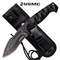 Usmc 9 Inch Drop Point Fixed Blade Knife - Black W Nylon Sheath #m-fix001sw