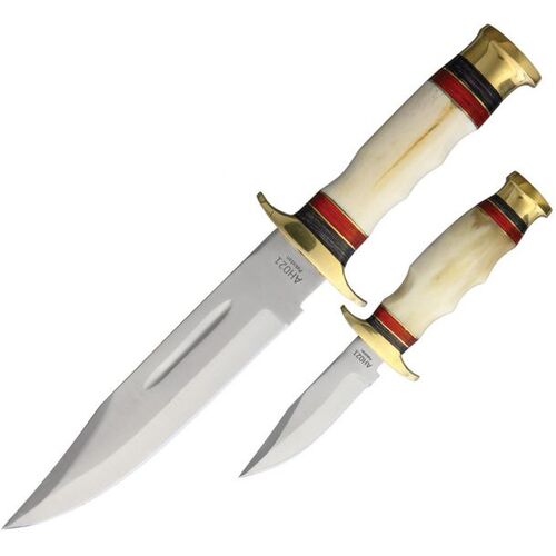 American Hunter Piggyback Fixed Blade Knife Set Brown Leather Belt Sheath - 2pc #Ah021