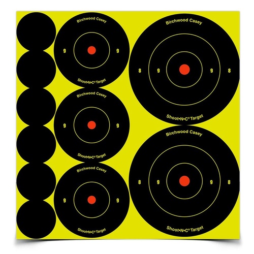 Birchwood Casey Shoot-N-C Assorted Size Reactive Paper Shooting Target - 1Inch, 2Inch And 3Inch Bulls-Eye Target 12 Sheets #34608