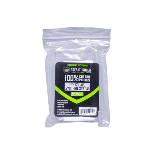 Breakthrough Clean Technologies Cotton Patches - 1.75" Square, 270 Thru 357 Caliber, 50-pack W/ Plastic Tray #Btcps13450