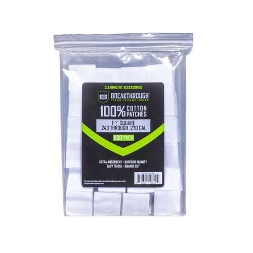 Breakthrough Clean Technologies Cotton Patches - 1.5" Square, 243 Thru 270 Caliber, 600-pack W/ Plastic Tray #Btcps112600
