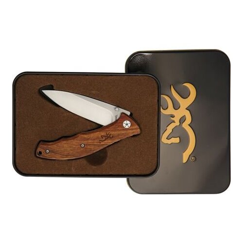 Browning Wood Linerlock Drop Point Folding Knife W/ Tin - Brown 4 Inch When Closed #3220309