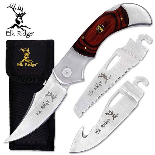 Elk Ridge Interchangeable Blades Folding Skinner Knife - Serreted Gut Hook Trailing Point Blade #er-055