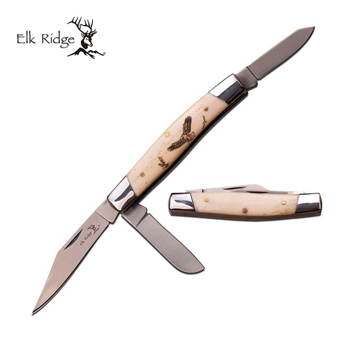Elk Ridge Hunting Clip Point Gentleman's Folding Knife - Bone Laser Eagle Art 3 Blades #er-323E