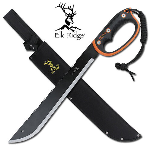 Elk Ridge 21.5 Inch Reverse Serrated Machete W Sheath - Orange/ Black Injection Handle #er-279S
