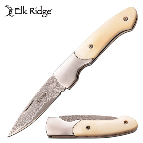Elk Ridge 6.55 Inch Hunting Manual Damascus Folding Knife - White Bone Handle #er-968Wb