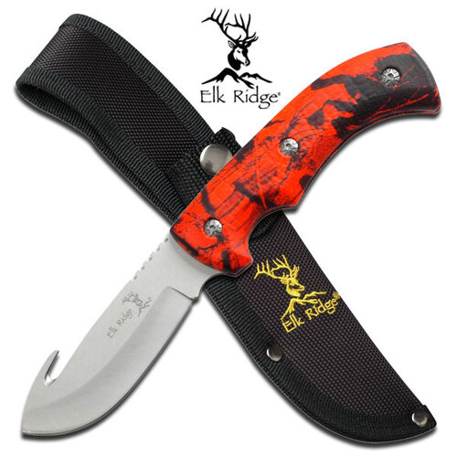 Elk Ridge 8.5 Inch Gut Hook Fixed Blade Knife W Sheath - Red Forest Camo #er-274Rc