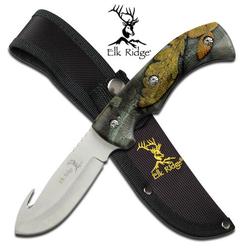 Elk Ridge 8.5 Inch Gut Hook Fixed Blade Hunting Knife W Sheath - Forest Camo #er-274Fc