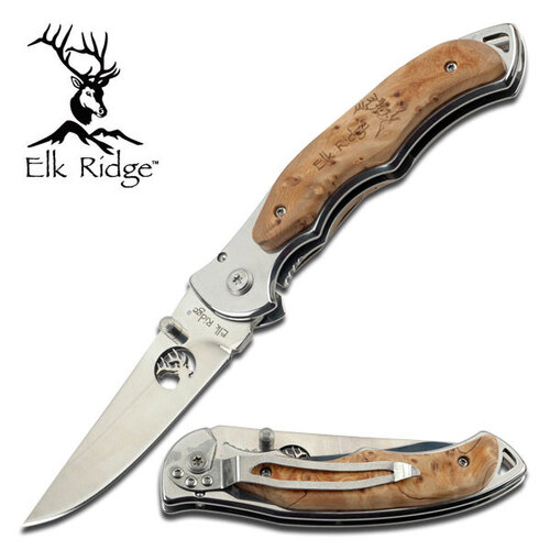 Elk Ridge 7.5 Inch Drop Point Hunting Folding Knife - Burl Wood Handle #er-519