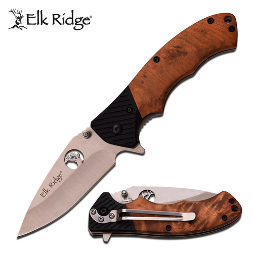 Elk Ridge Linerlock Burl Wood Handle Folding Pocket Knife - 4.5 Inch Overall #er-566Sbw