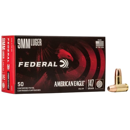 Federal American Eagle Handgun 9mm Luger Full Metal Jacket Bullet - 147 Grain 1000 Fps 50pk #Ae9fp