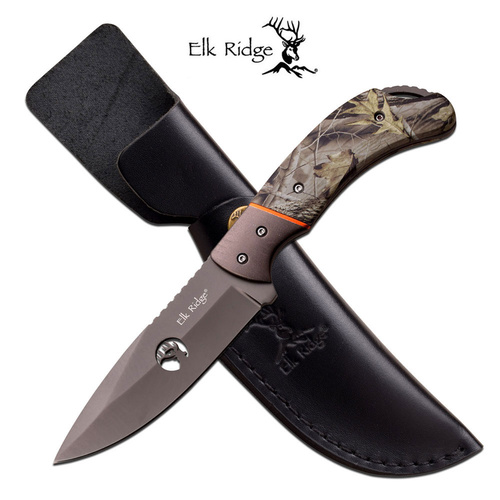 Elk Ridge Camo Hunting Knife W/ Leather Sheath Er-554Ca