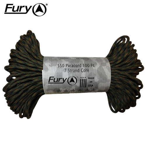 Fury Outdoor Survival Paracord 7 Strand Core Rope - Woodland Camo 30 Meters #99367
