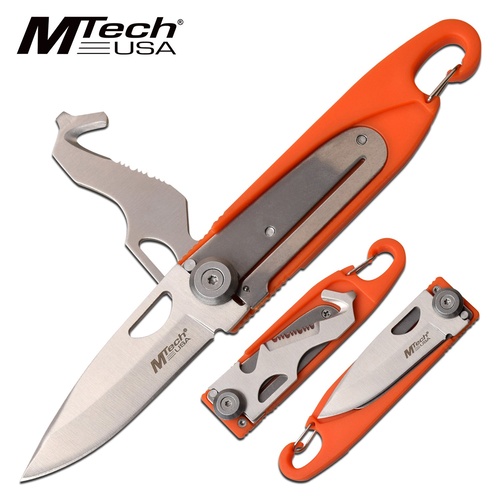 Mtech Drop Point Multi Tool Fine Edge Blade Folding Knife - Includes Carabiner #mt-1102or