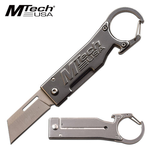 Mtech 5.25 Inch Survival Wharncliffe Folding Knife W Carabiner - Silver #mt-1171S