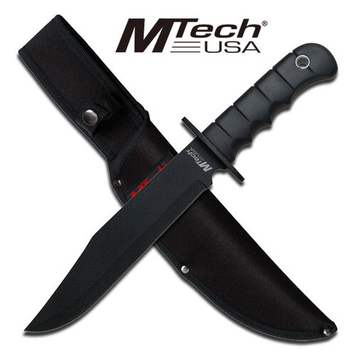 Mtech 14 Inch Clip Point Fixed Blade Knife - Black Finger Grip Handle #mt-096