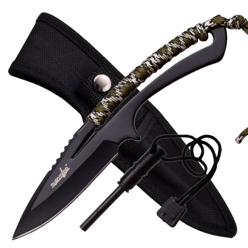 Survivor Fixed Blade Knife W Olive Cord & Firestarter - 8 Inch Overall #hk-767Ca