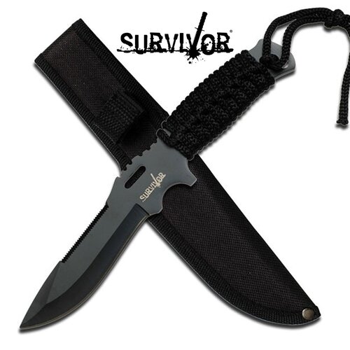Survivor 9.25 Inch Reverse Serrated Drop Point Fixed Blade Knife - Black #hk-1020