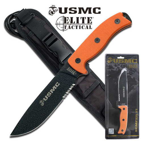 Usmc Black Ptfe Coated Fixed Blade Knife - G10 Orange Handle 12" Overall #m-1021Orcs